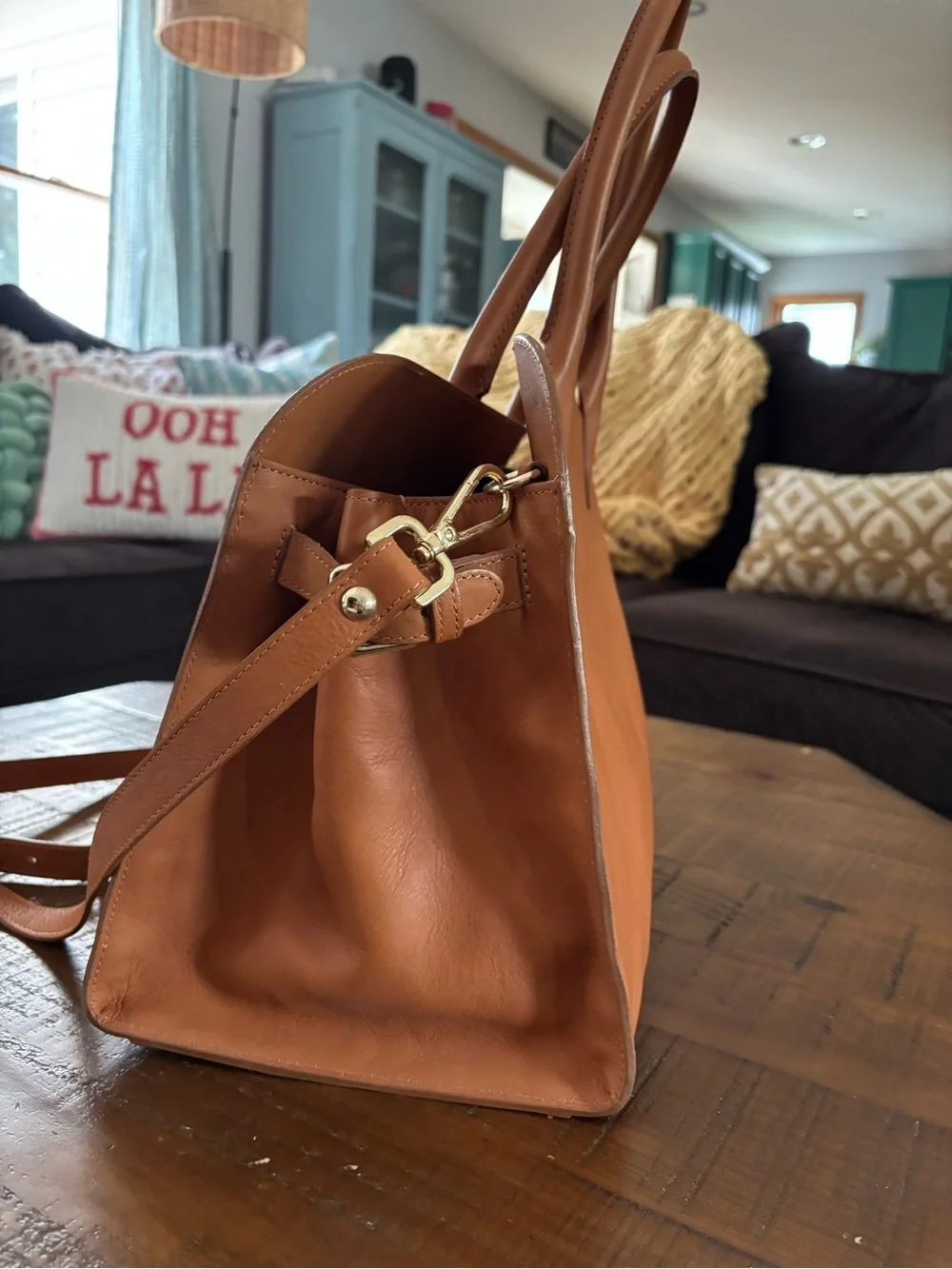 Structured Tan Leather Satchel with Adjustable Strap